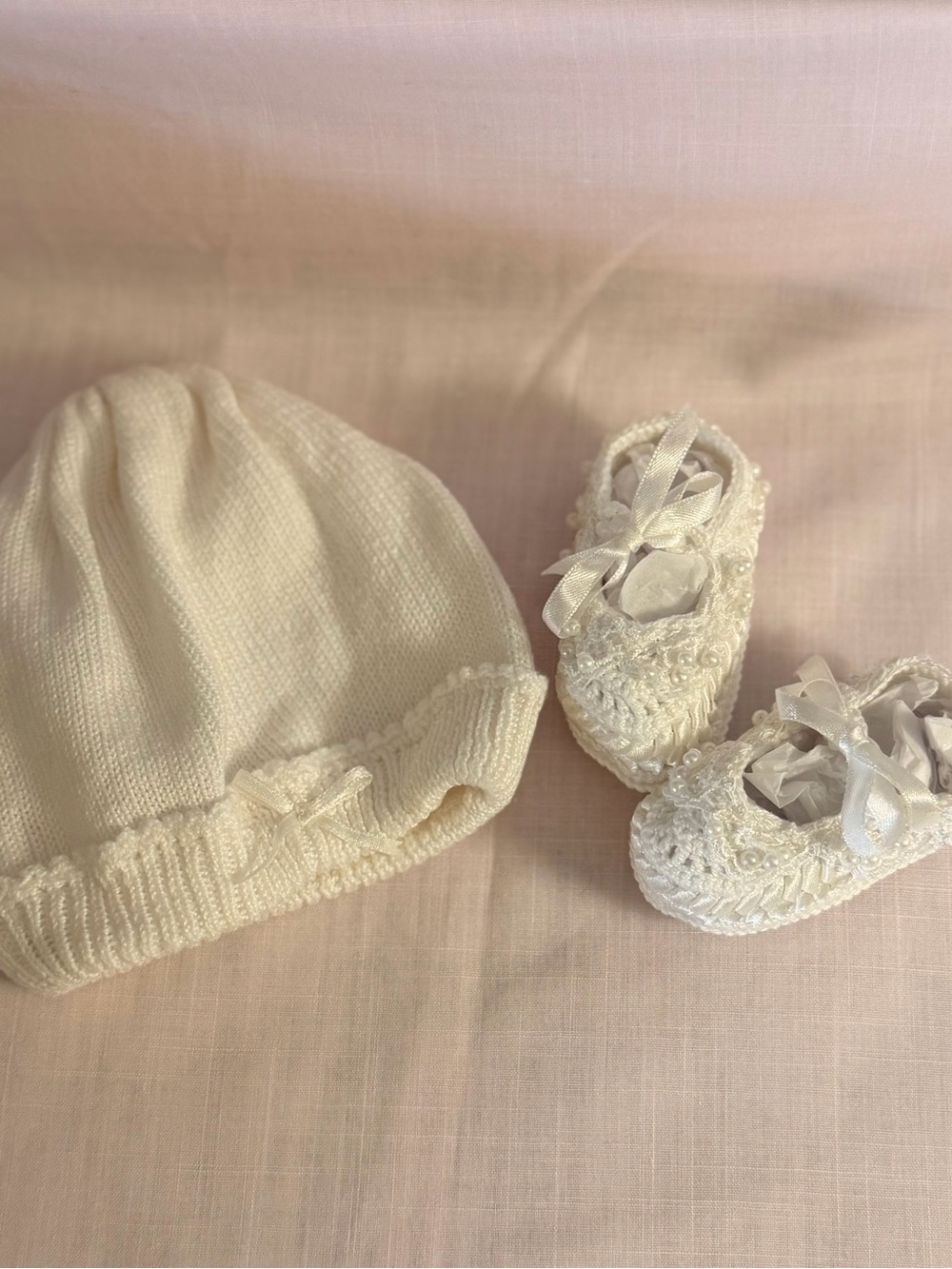 Classic Ivory Baby Knit Booties and Hat Set